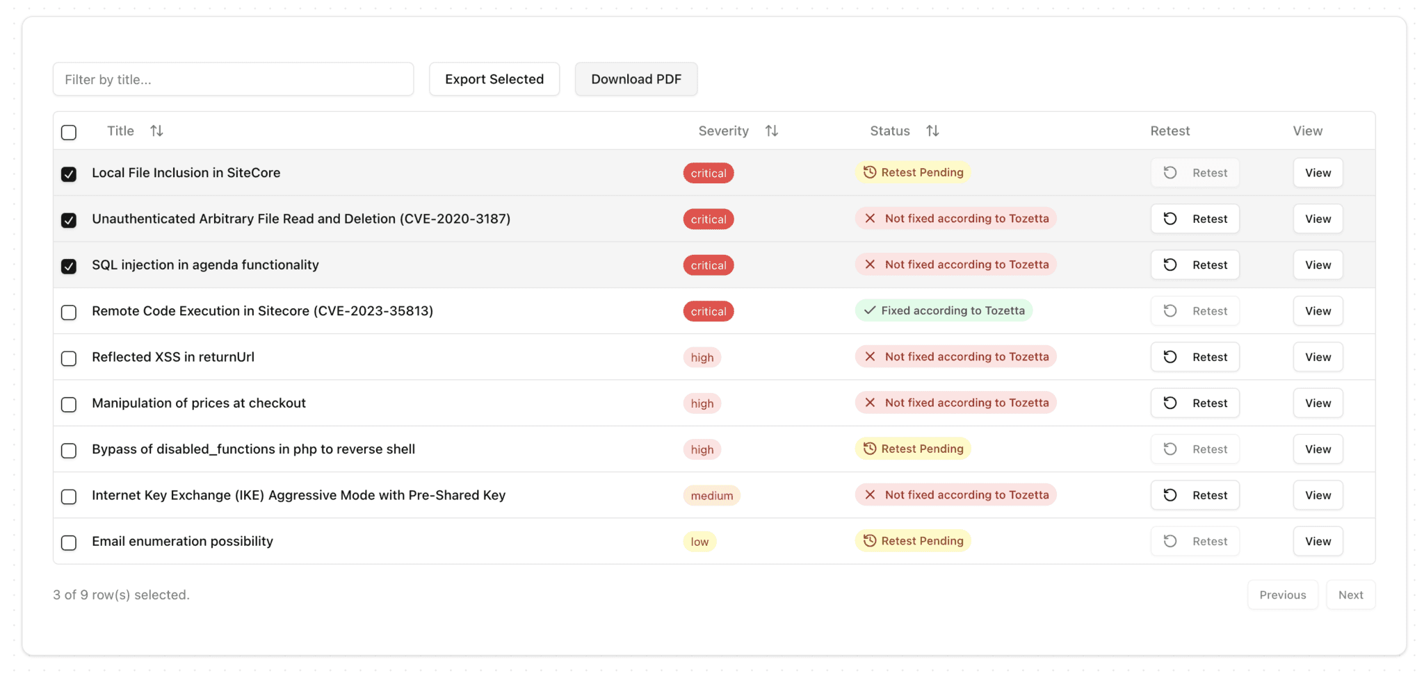 Export selectie van kwetsbaarheden in Tozetta Reports
